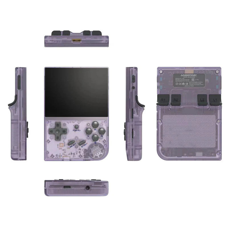 anbernic rg35xx pocket handheld gaming device game emulator rom purple