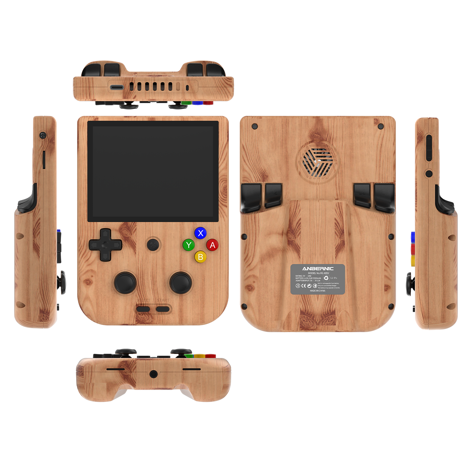 anbernic rg405v pocket handheld gaming device game emulator rom wood